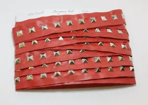 1 YD of 1-1/2" wide Genuine Cowhide Leather Trim Tape with Silver Square Pyramid Nailheads edge binding; top stitch; Arizona Red 3757XD8