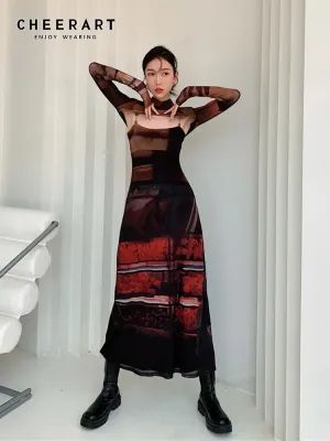 2 Piece Punk Mesh Turtleneck Long Sleeve Long Dress