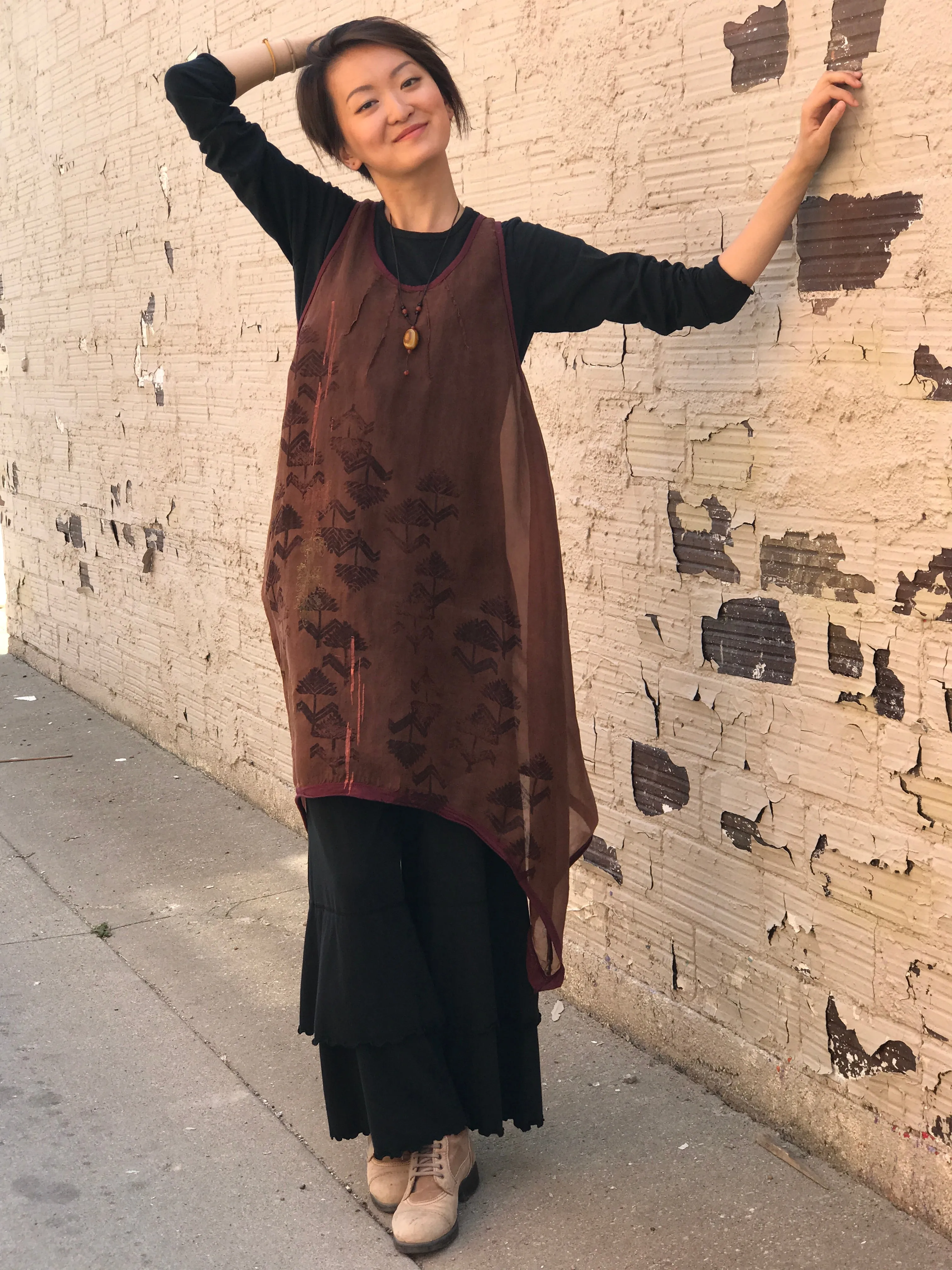6113 B Organza Shift-Terra Cotta with pyramid print
