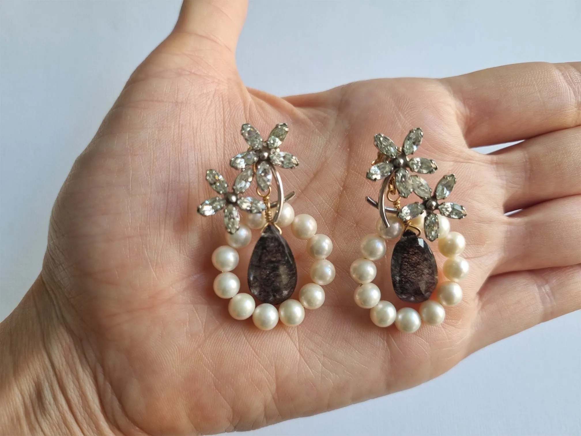Adam | daisy pearl hoop black quartz statement earrings