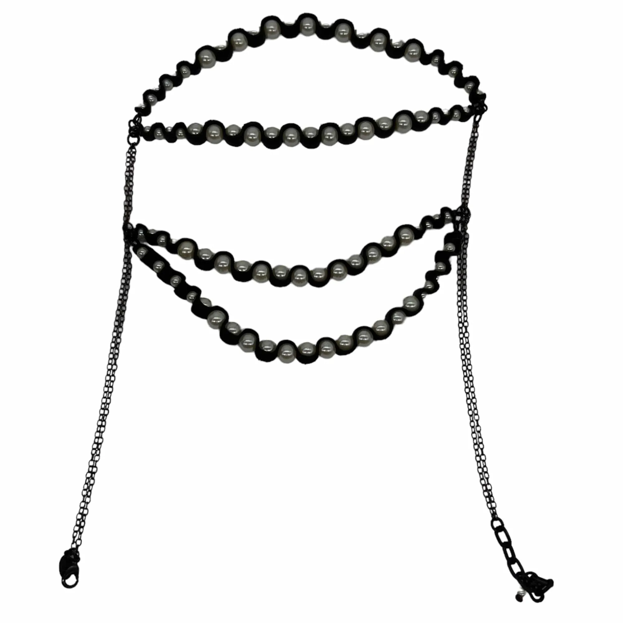 ANNIE COSTELLO BROWN Faux Pearl & Leather Layered Necklace - Black