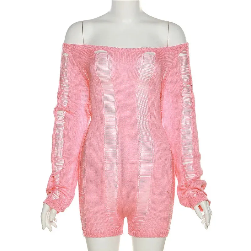 Backless Distressed Romper for Women See Through Playsuit Backless Sexy Skinny  Playsuit Party Clubwear