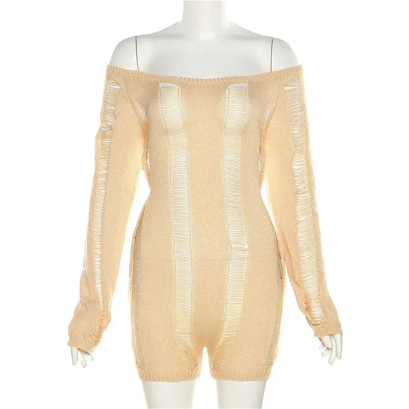 Backless Distressed Romper for Women See Through Playsuit Backless Sexy Skinny  Playsuit Party Clubwear