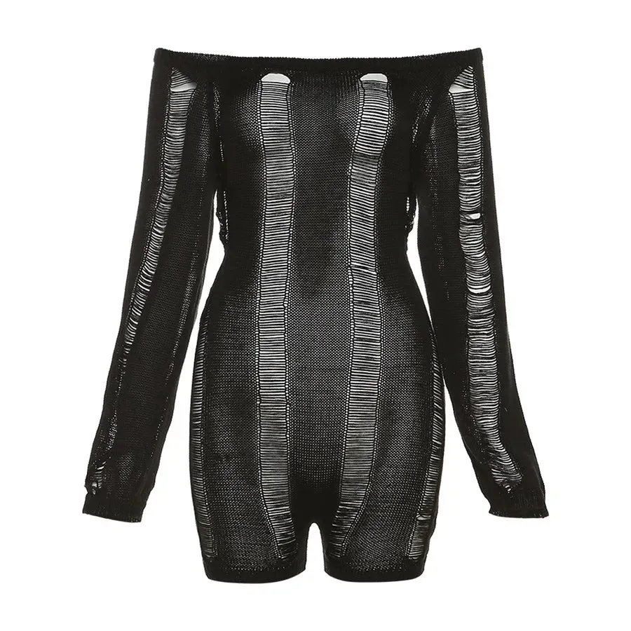Backless Distressed Romper for Women See Through Playsuit Backless Sexy Skinny  Playsuit Party Clubwear