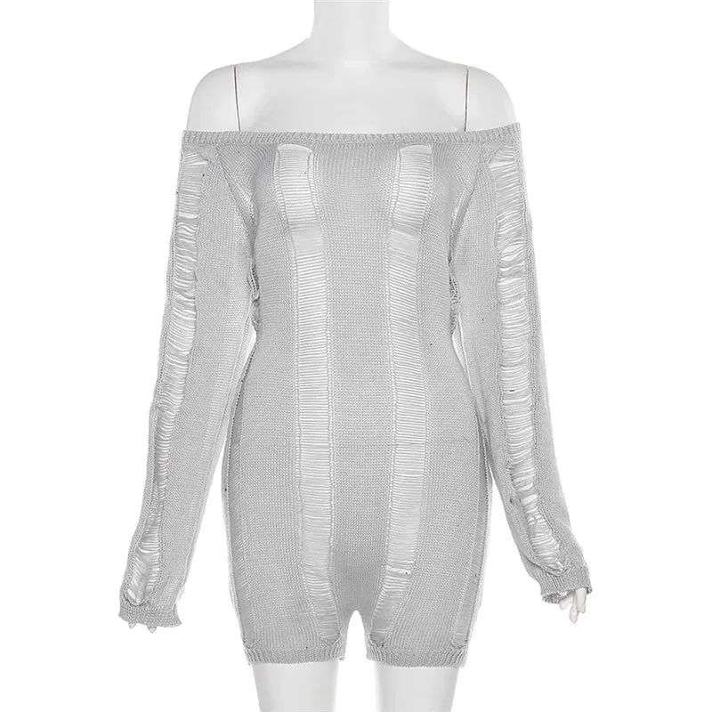 Backless Distressed Romper for Women See Through Playsuit Backless Sexy Skinny  Playsuit Party Clubwear