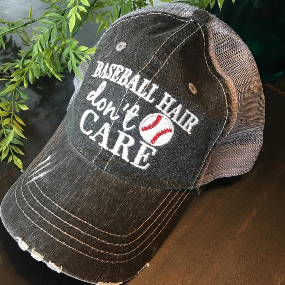 Baseball hat Baseball hair don’t care Embroidered gray distressed trucker cap