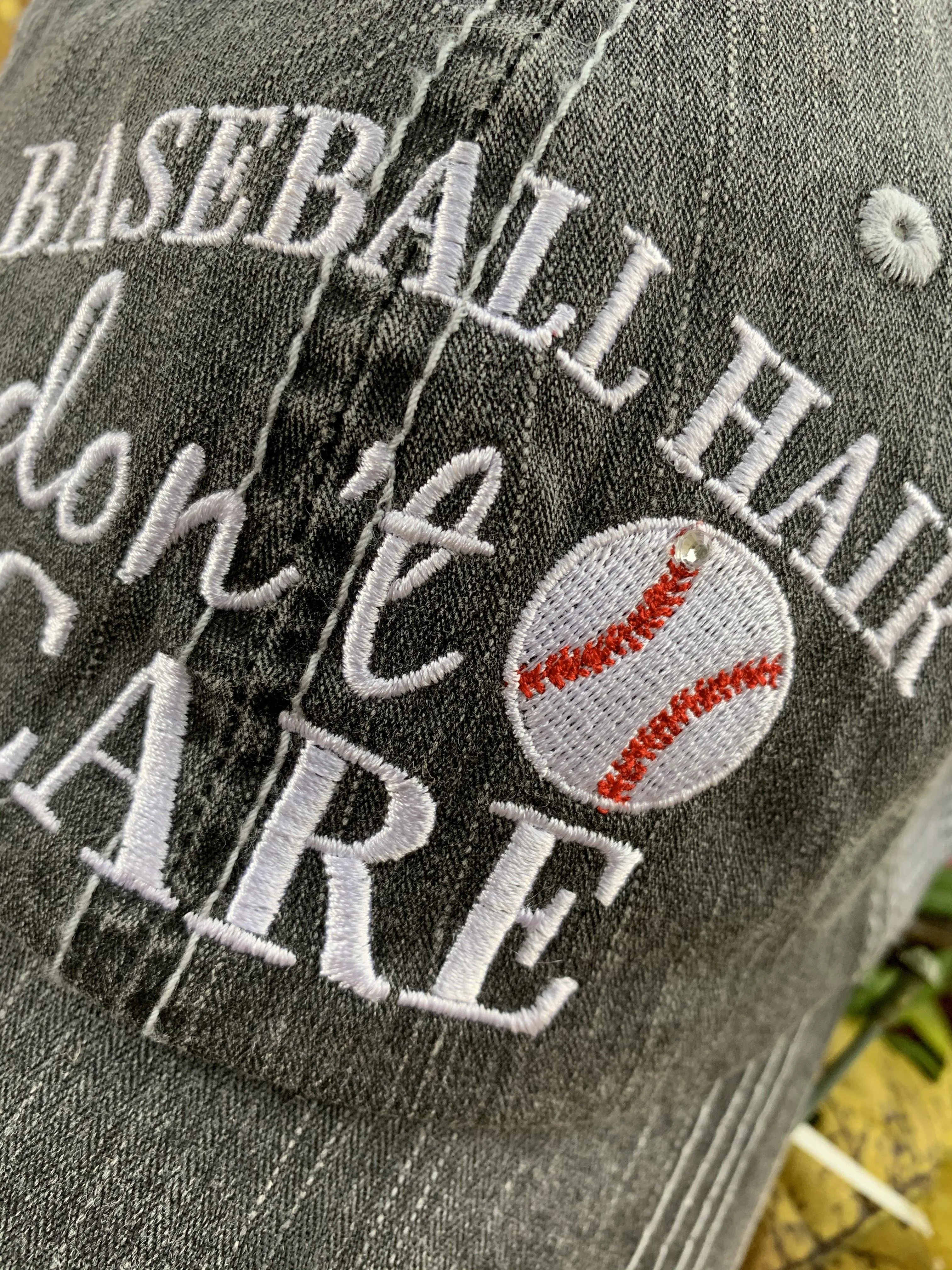 Baseball hat Baseball hair don’t care Embroidered gray distressed trucker cap