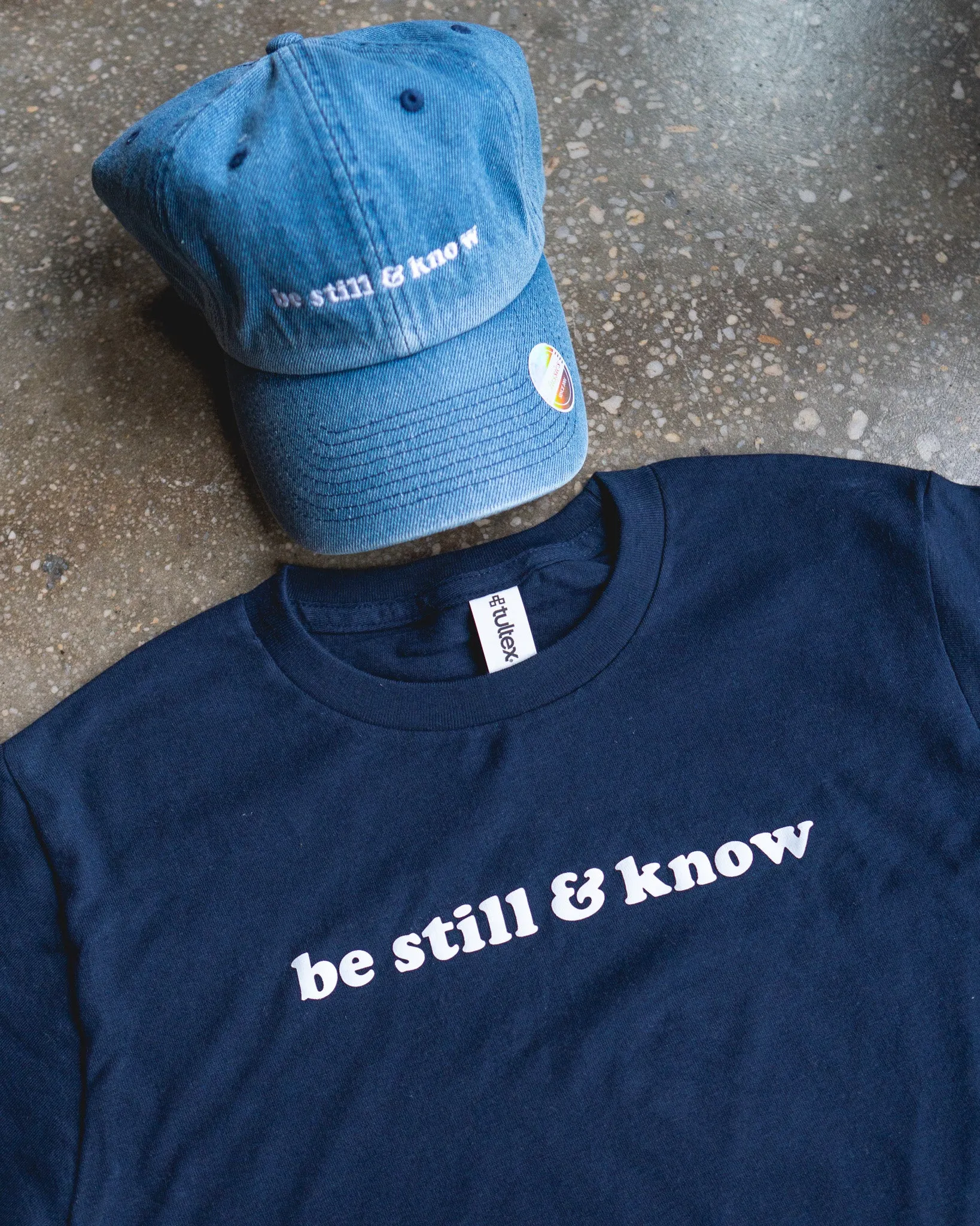 Be Still & Know Adult Box T-Shirt & Medium Blue Non-Distressed Hat Bundle