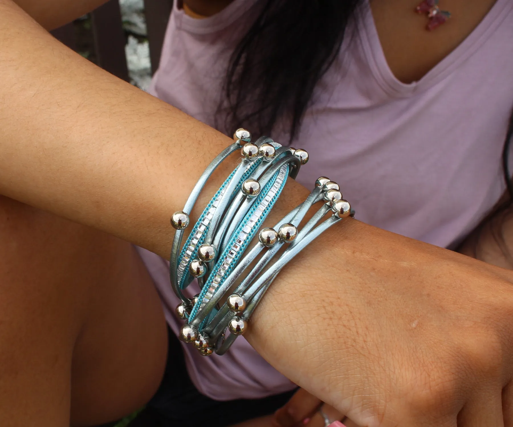 Beaded Blue Double Wrap Leather Bracelet