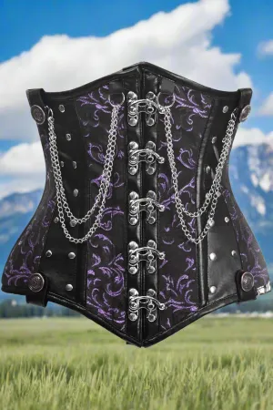 Black and Purple Steel Boned Under Bust Corset with Chains and Clasps
