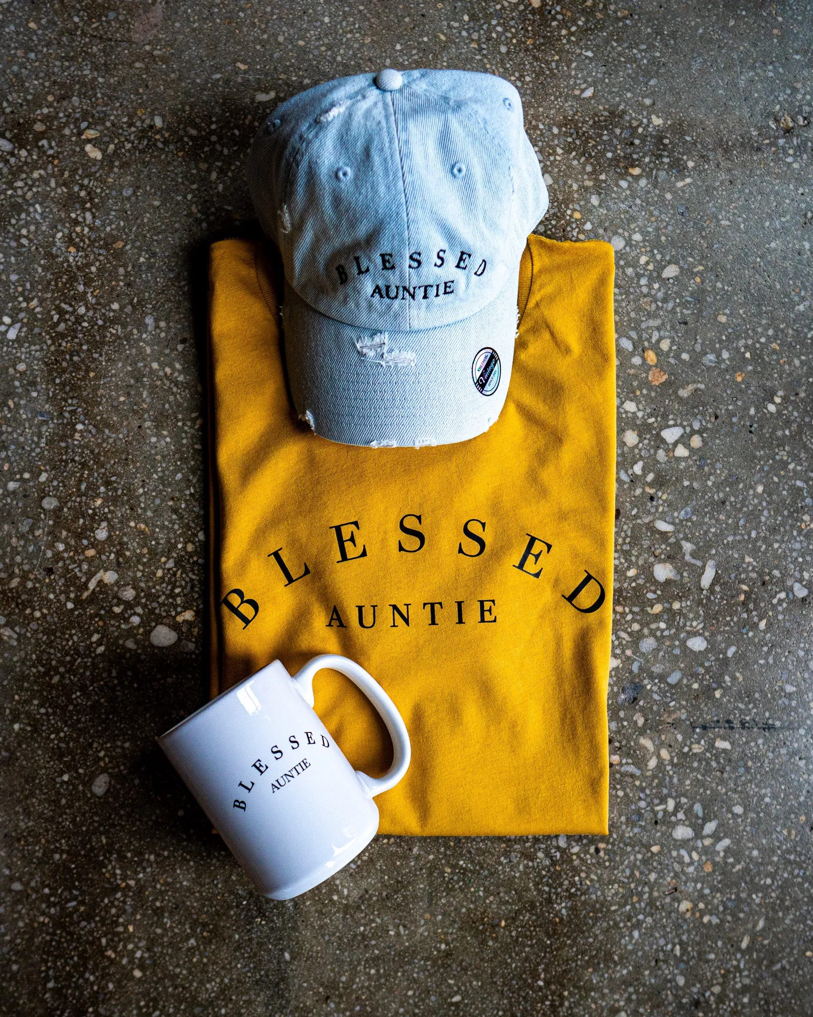 Blessed Auntie Adult Box T-Shirt & Distressed Hat & Mug