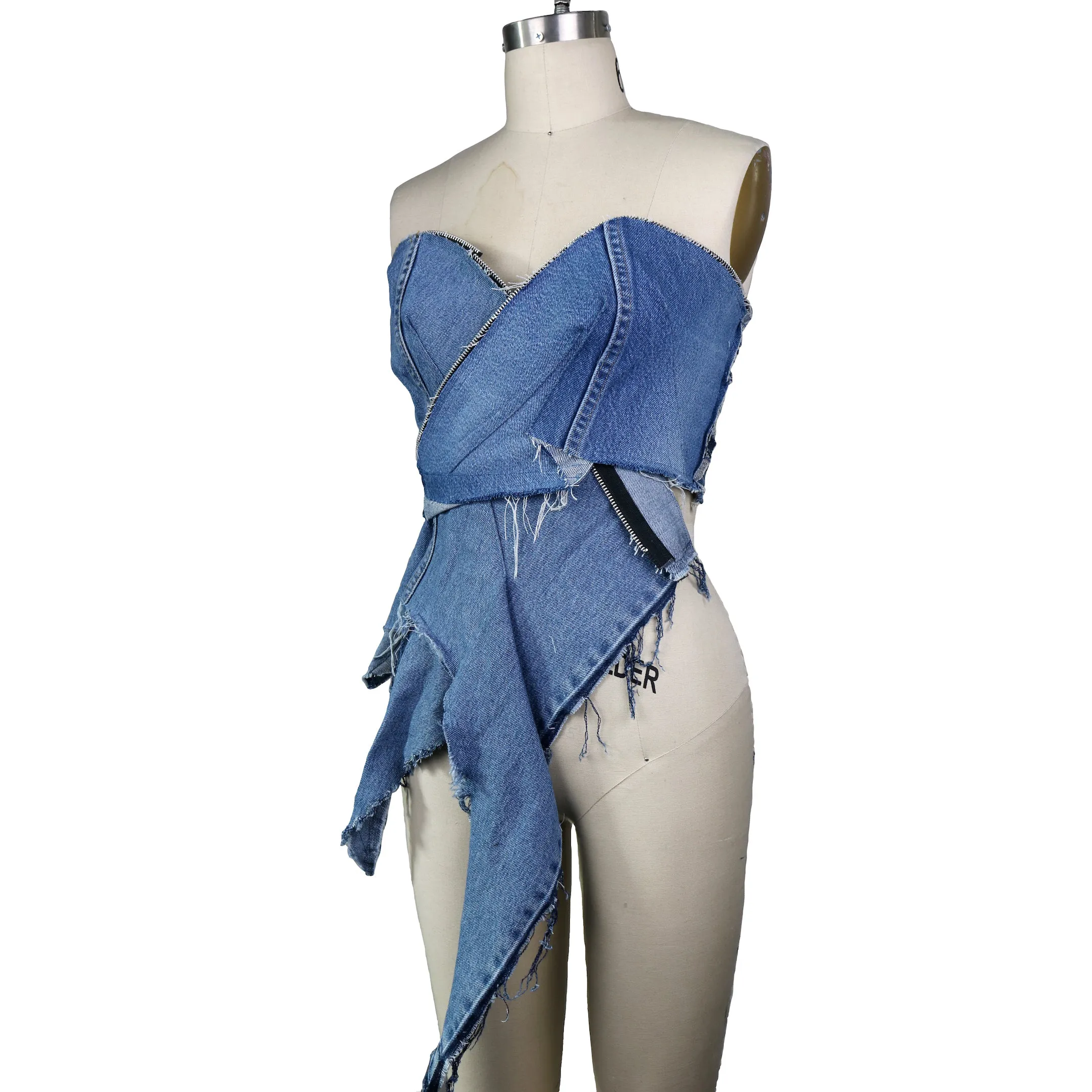 Blue By You - Upcycled Denim Asymmetrical Moto Crop Top