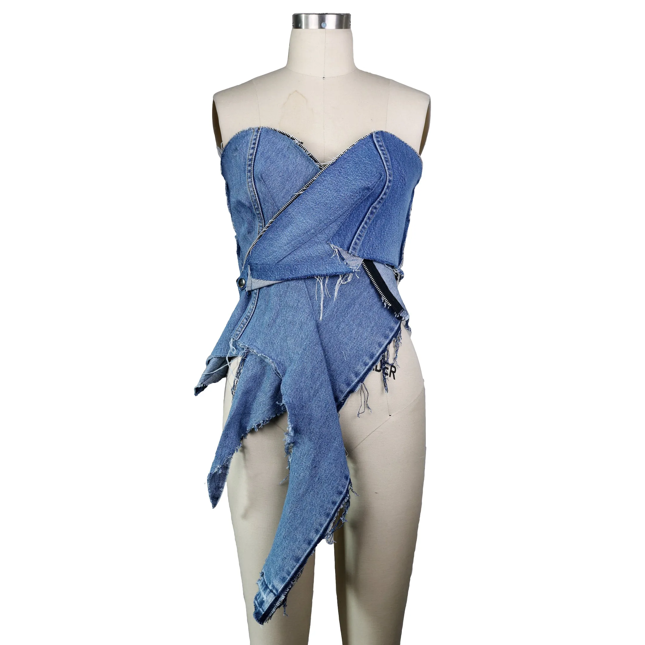 Blue By You - Upcycled Denim Asymmetrical Moto Crop Top