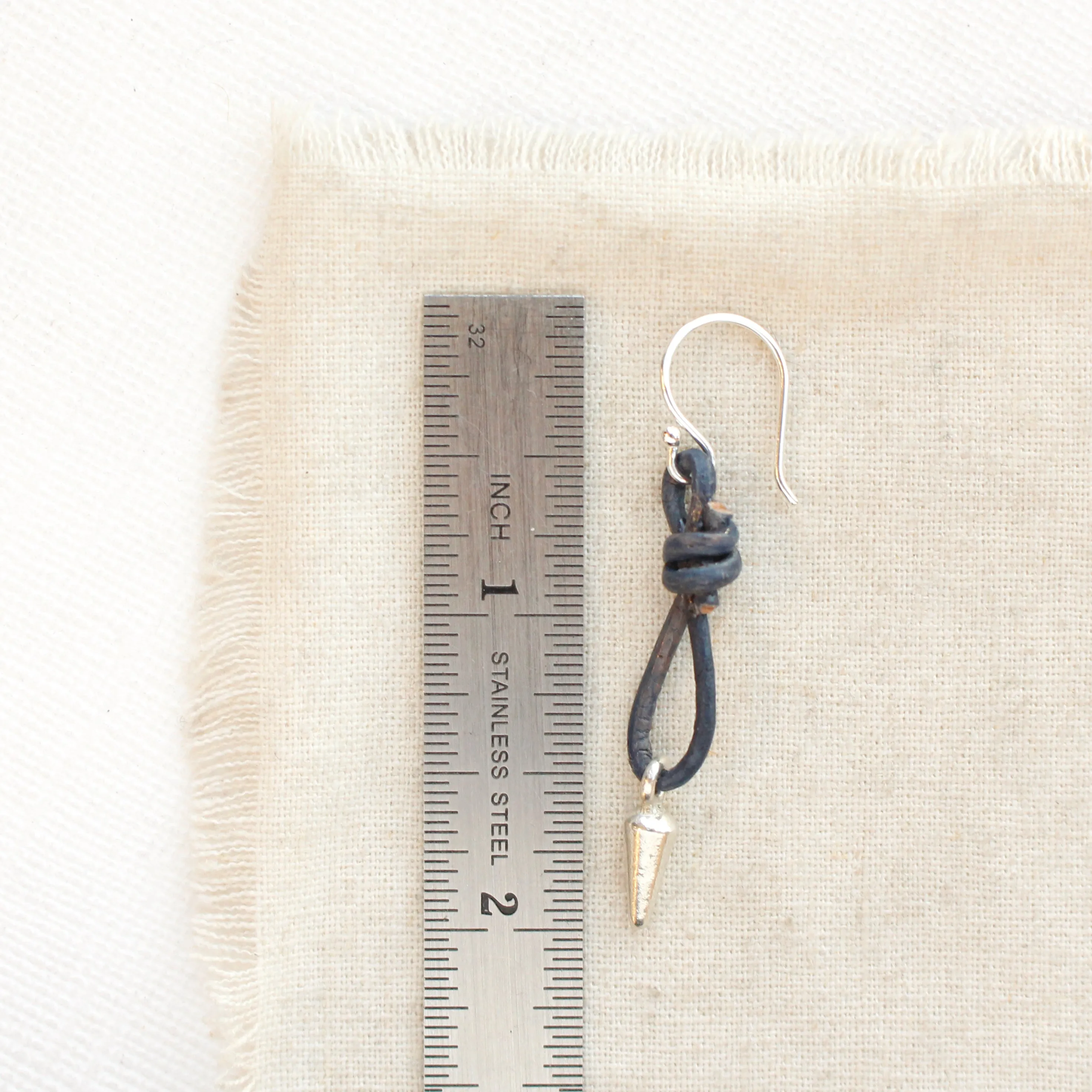 Blue Leather Silver Spike Earrings