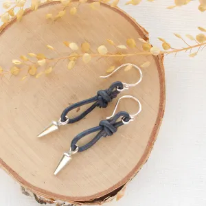 Blue Leather Silver Spike Earrings