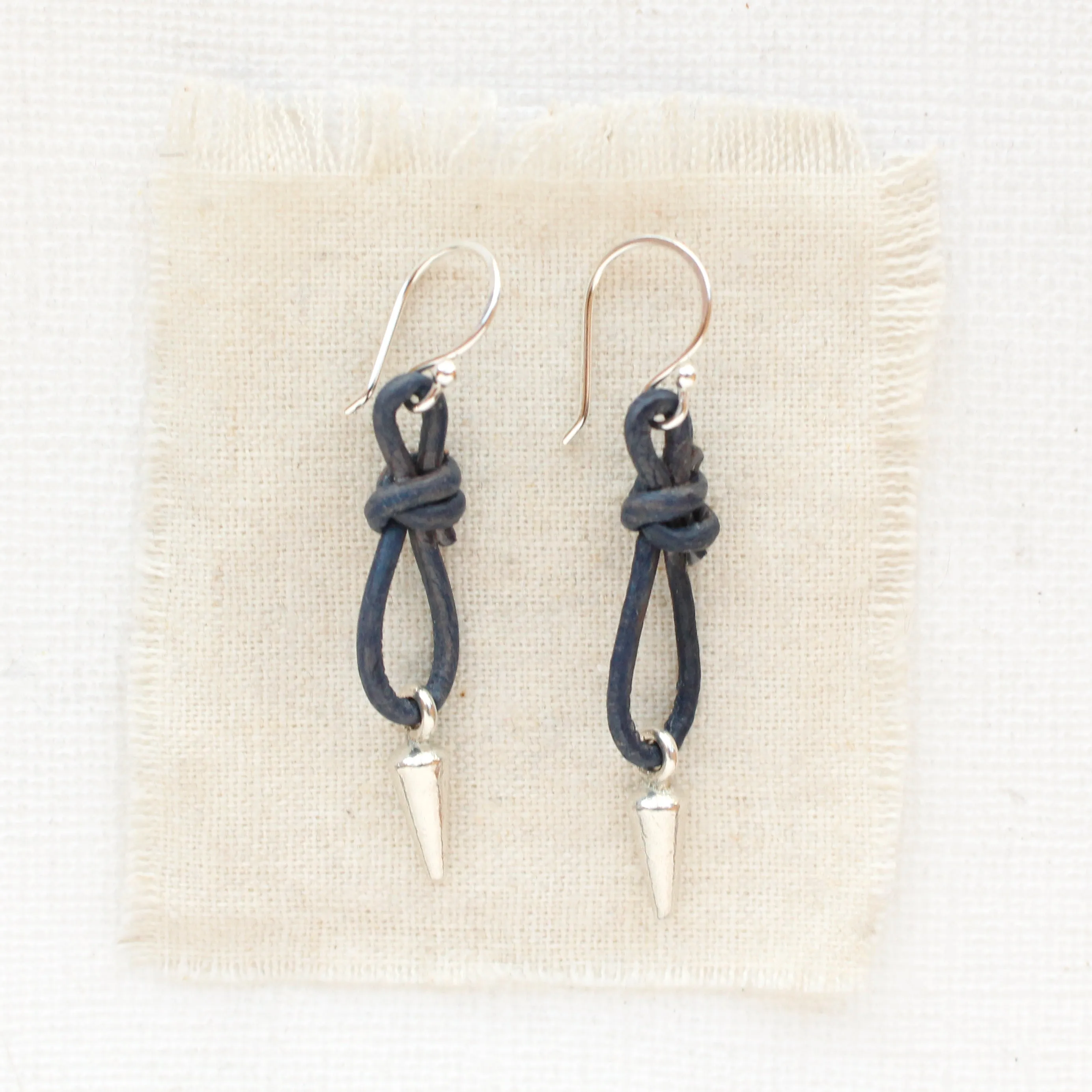Blue Leather Silver Spike Earrings