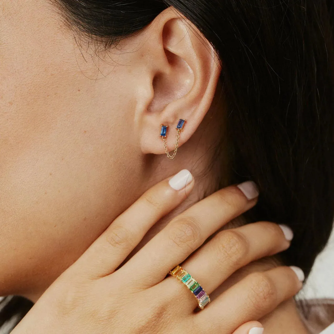 Blue Sapphire Baguette Chain Stud