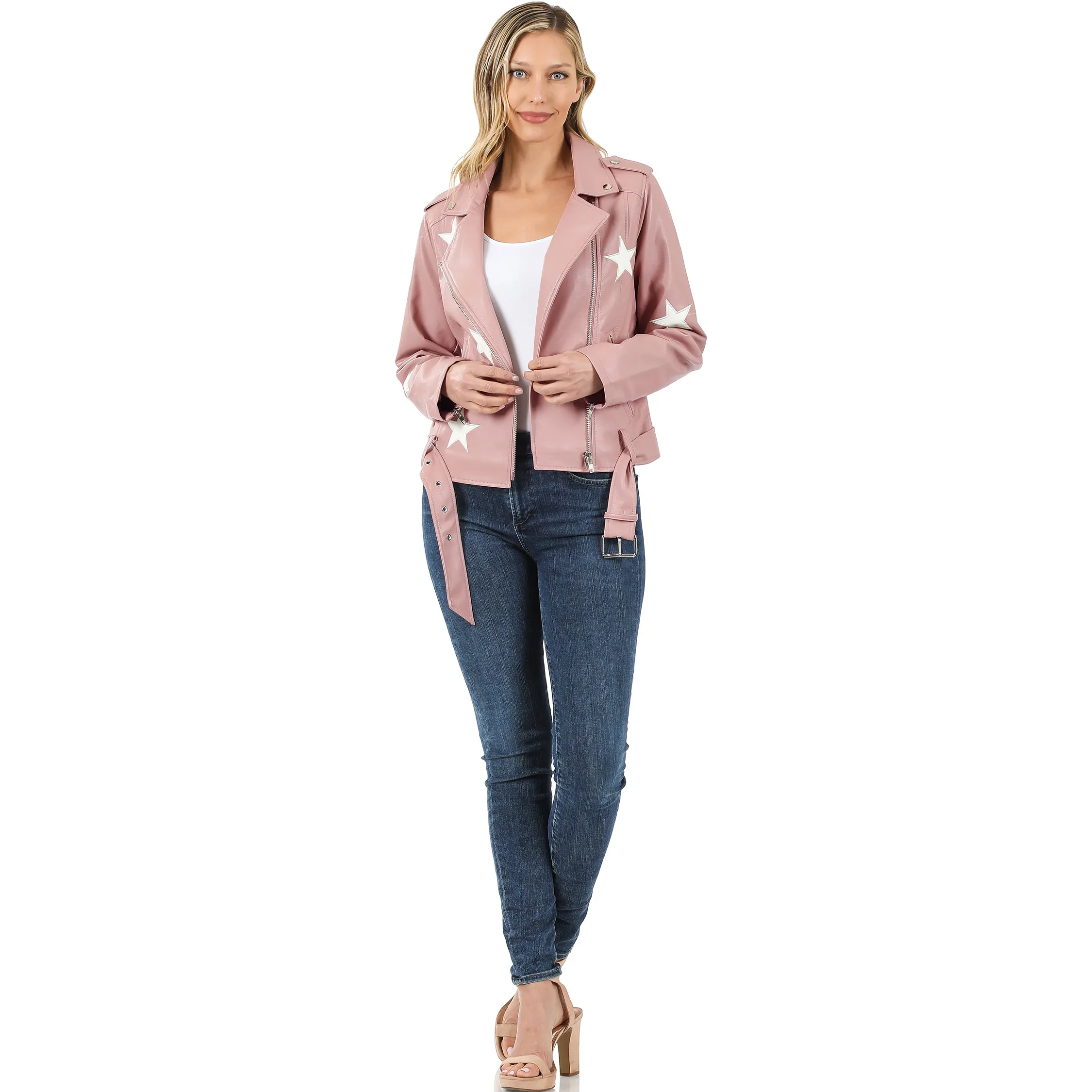 Blush Star Patch Vegan Leather Belted Moto Jacket
