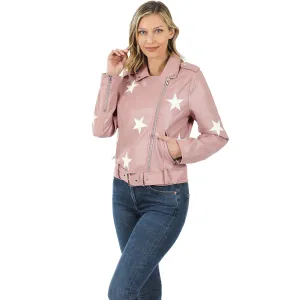 Blush Star Patch Vegan Leather Belted Moto Jacket