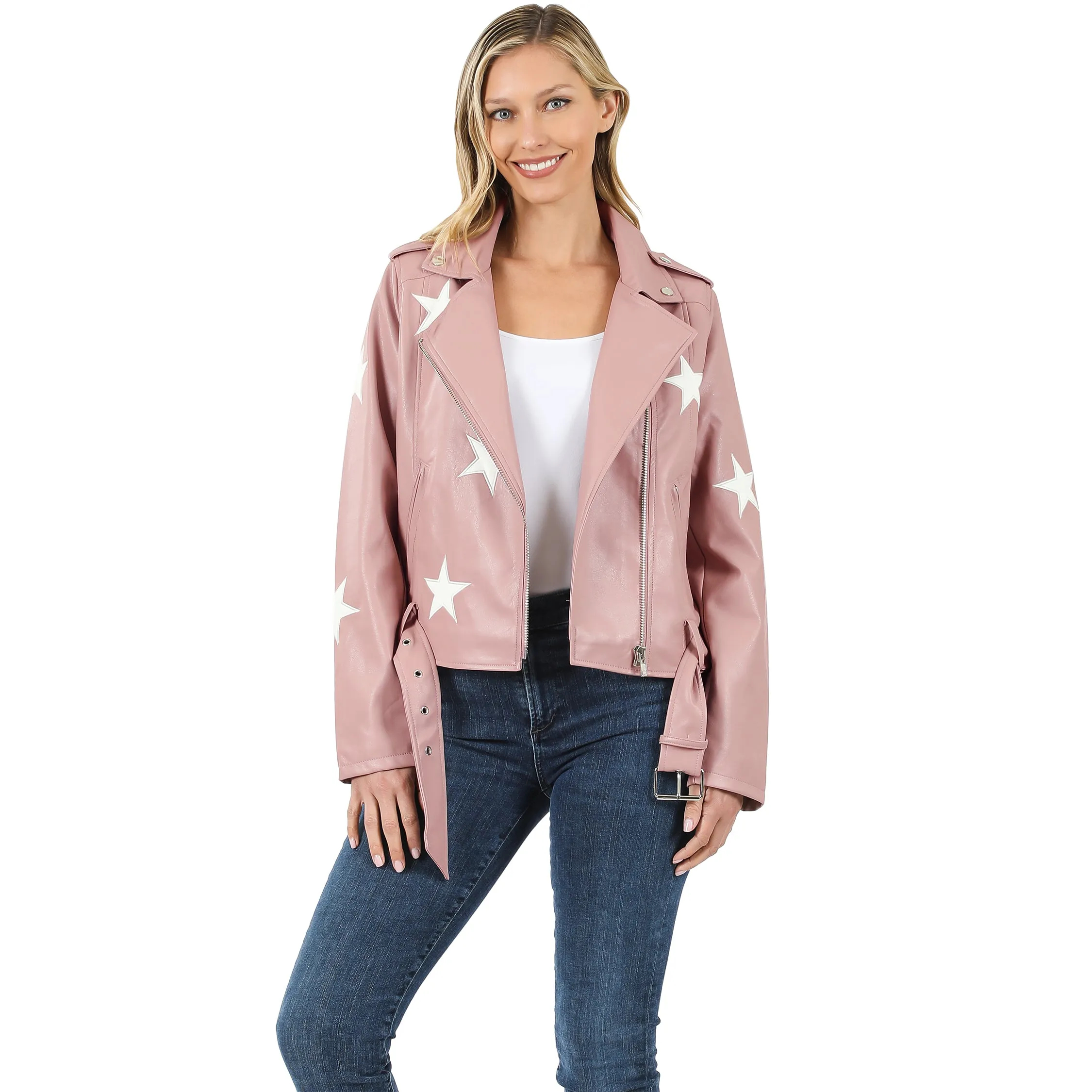 Blush Star Patch Vegan Leather Belted Moto Jacket