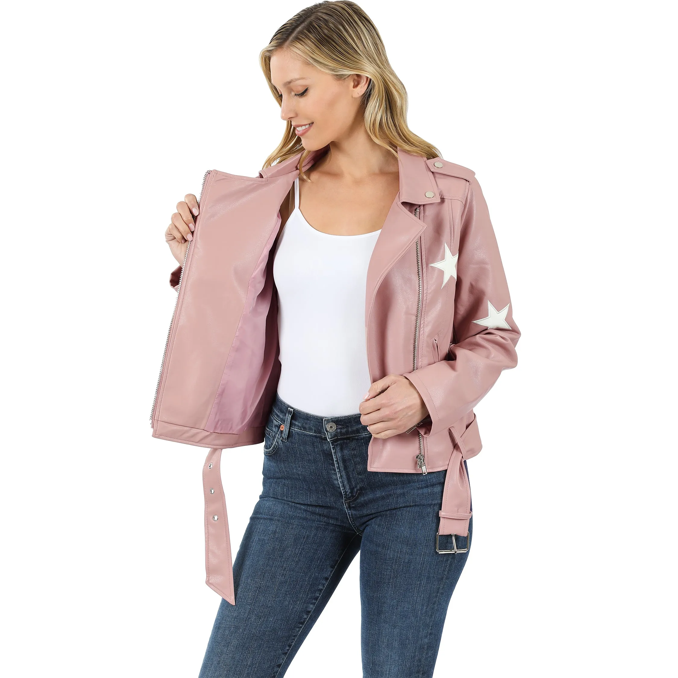 Blush Star Patch Vegan Leather Belted Moto Jacket