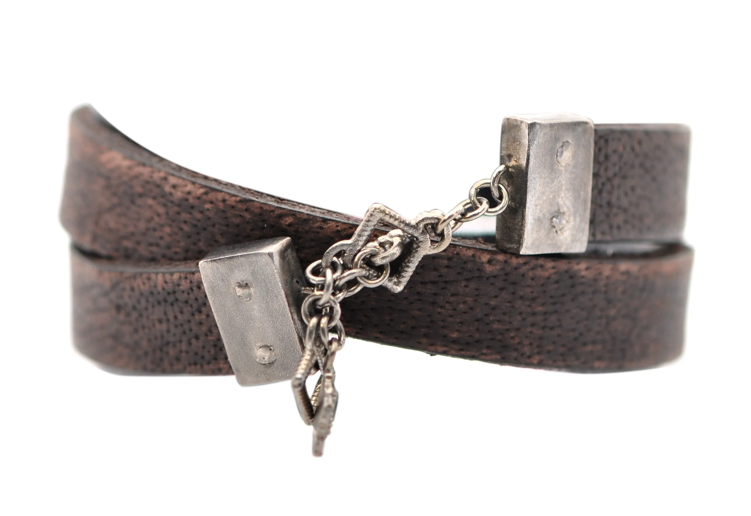 BROWN DOUBLE WRAP PAVE MEDALLION LEATHER BRACELET