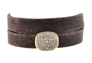 BROWN DOUBLE WRAP PAVE MEDALLION LEATHER BRACELET