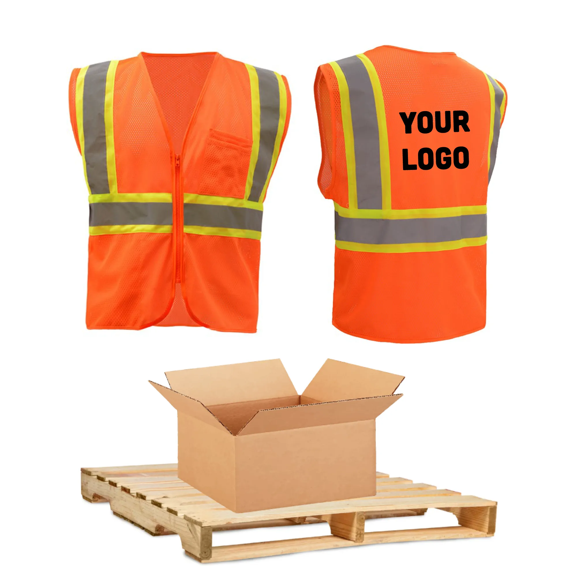 BULK, GSS Safety Class 2 Mesh Vest, Contrasting Trim, Zip Front, Includes Logo (100 vests)