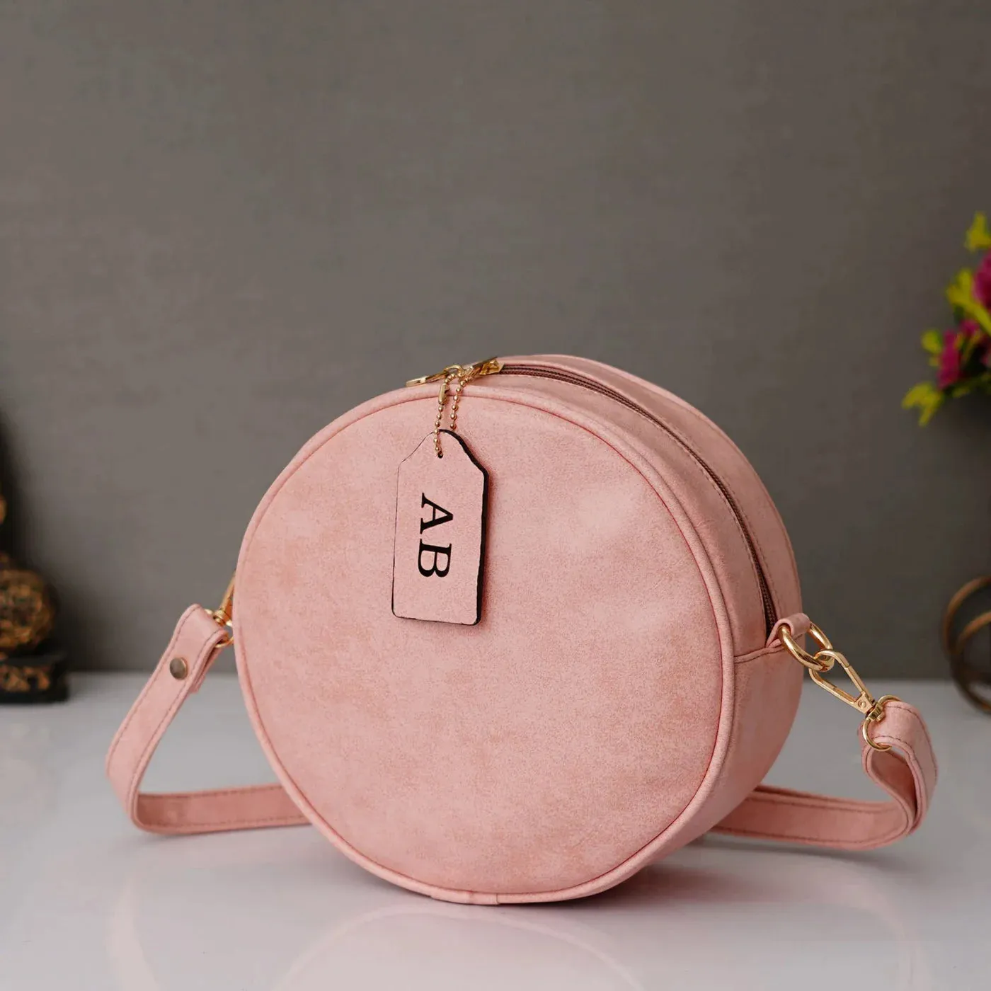 Classy Leather Customized Chain Sling Bag Round - Pink