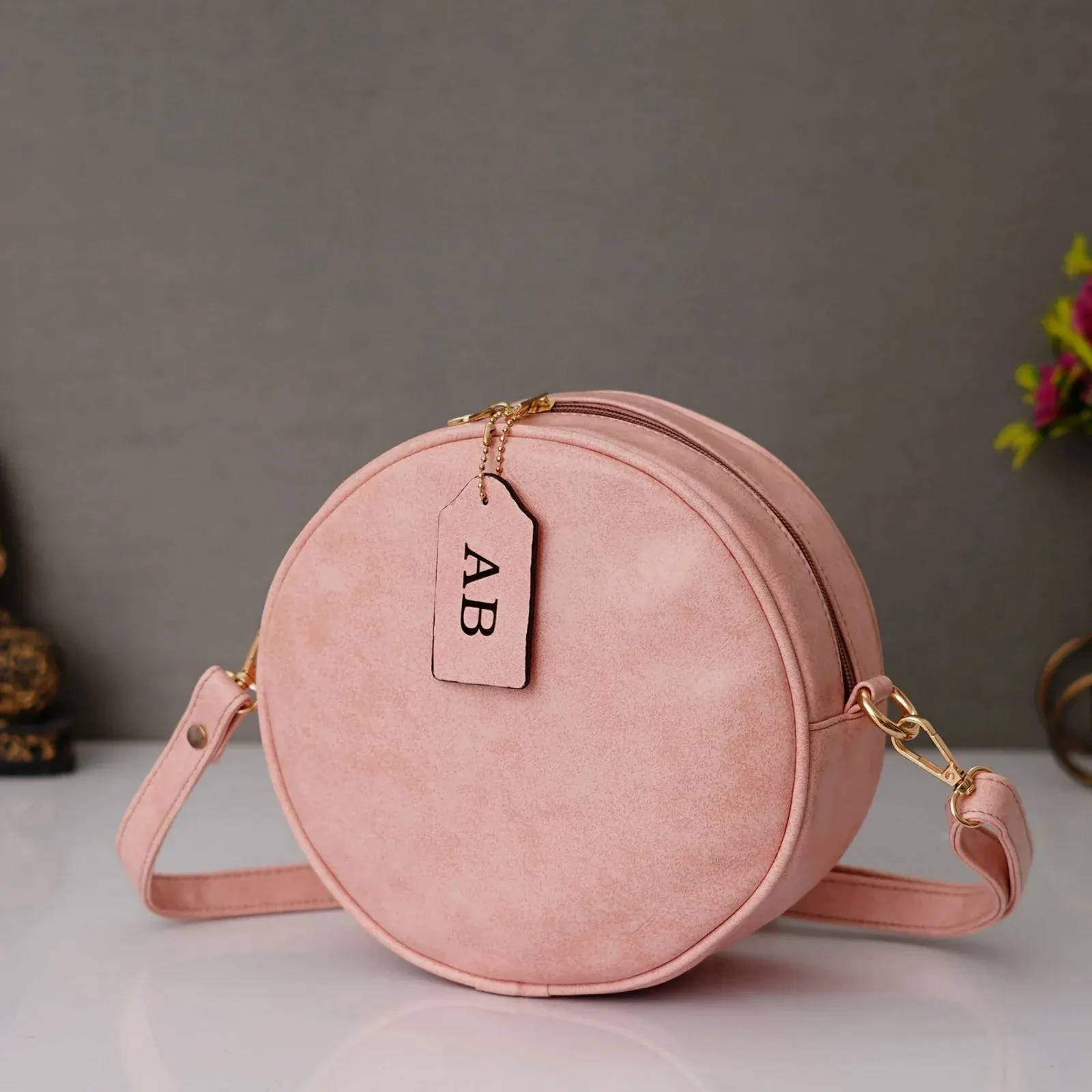 Classy Leather Customized Chain Sling Bag Round - Pink