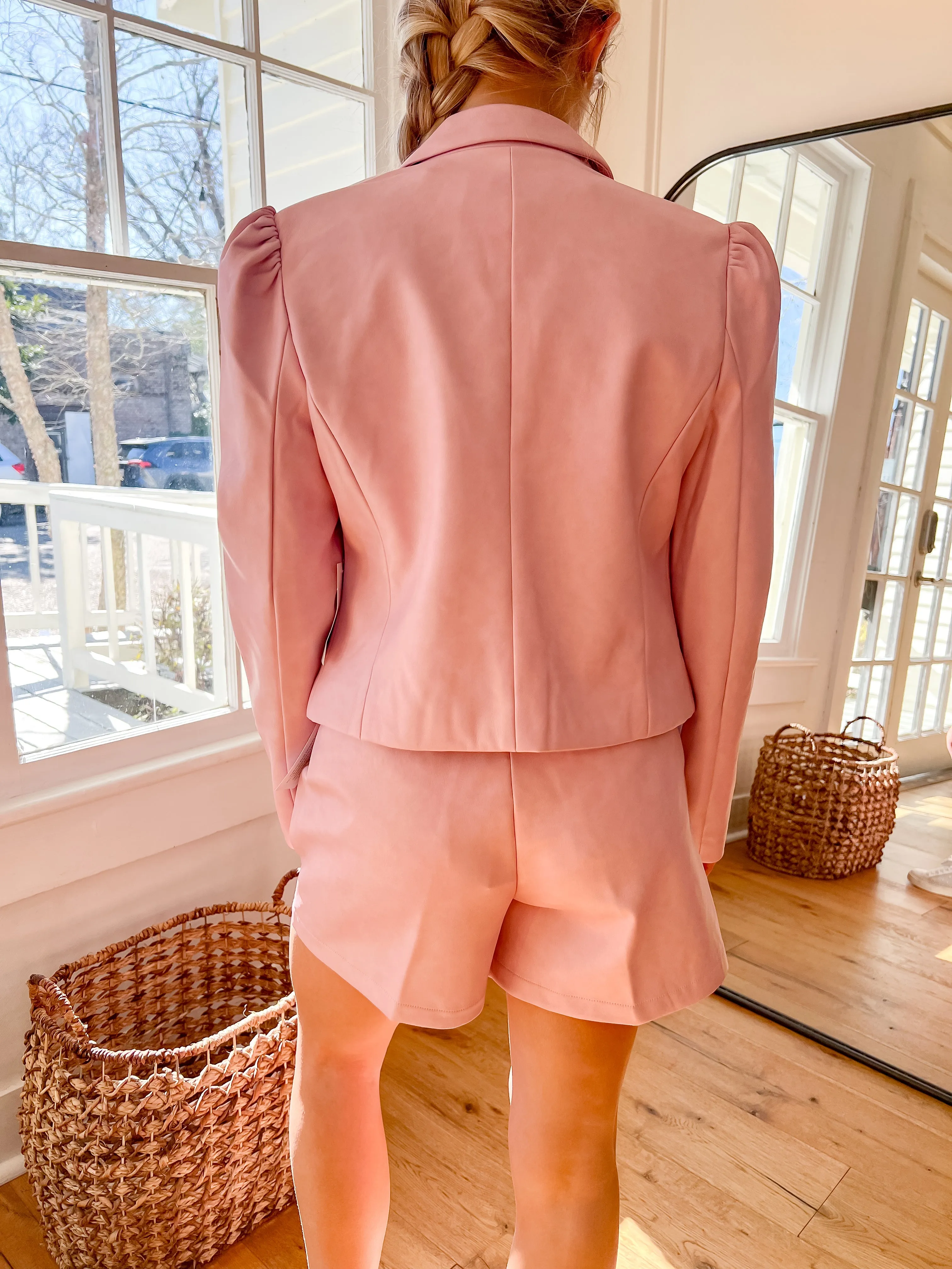 Cropped Vegan Leather Blazer with Puff Shoulders - Soft Pink