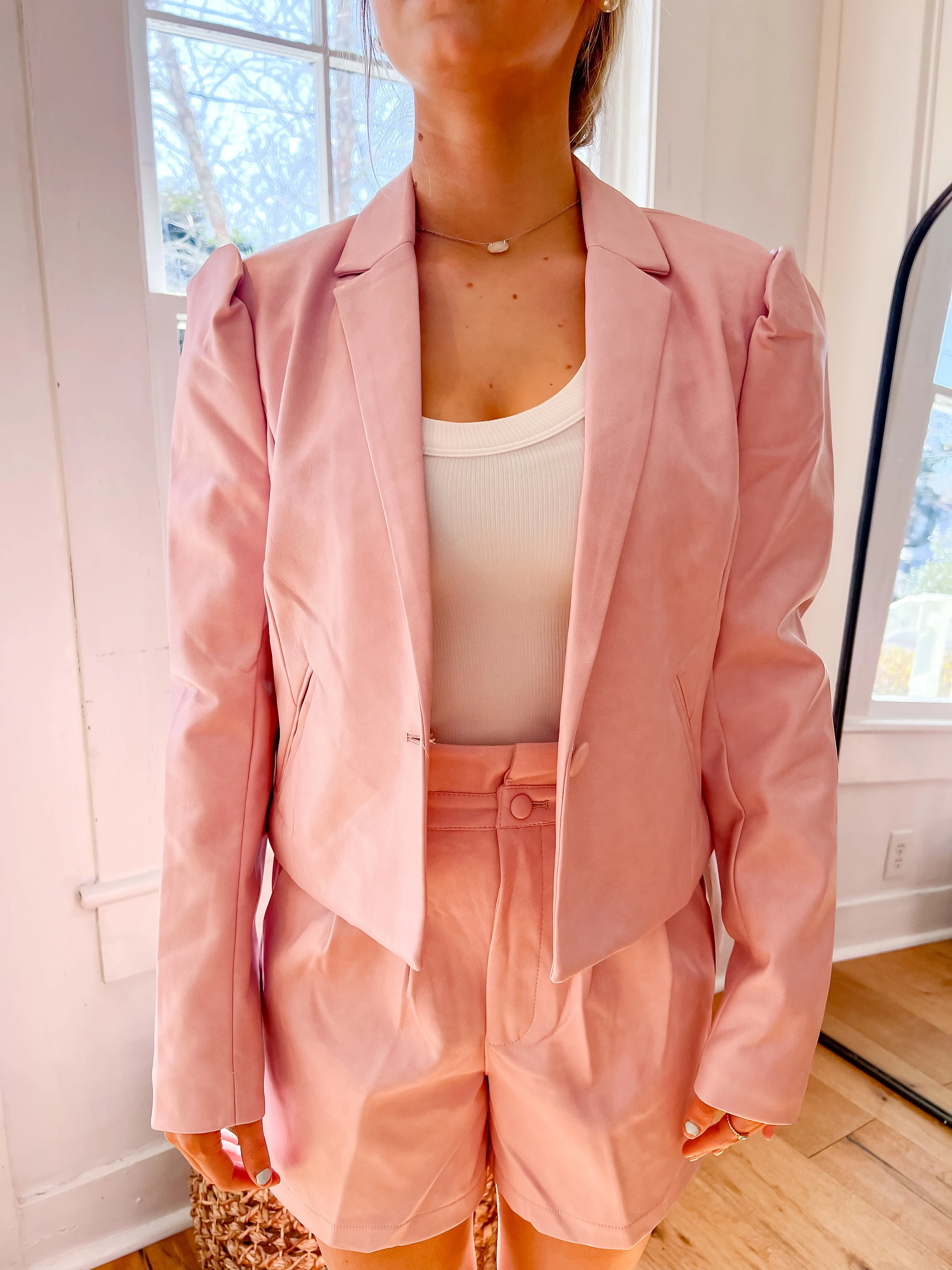 Cropped Vegan Leather Blazer with Puff Shoulders - Soft Pink