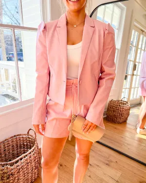 Cropped Vegan Leather Blazer with Puff Shoulders - Soft Pink
