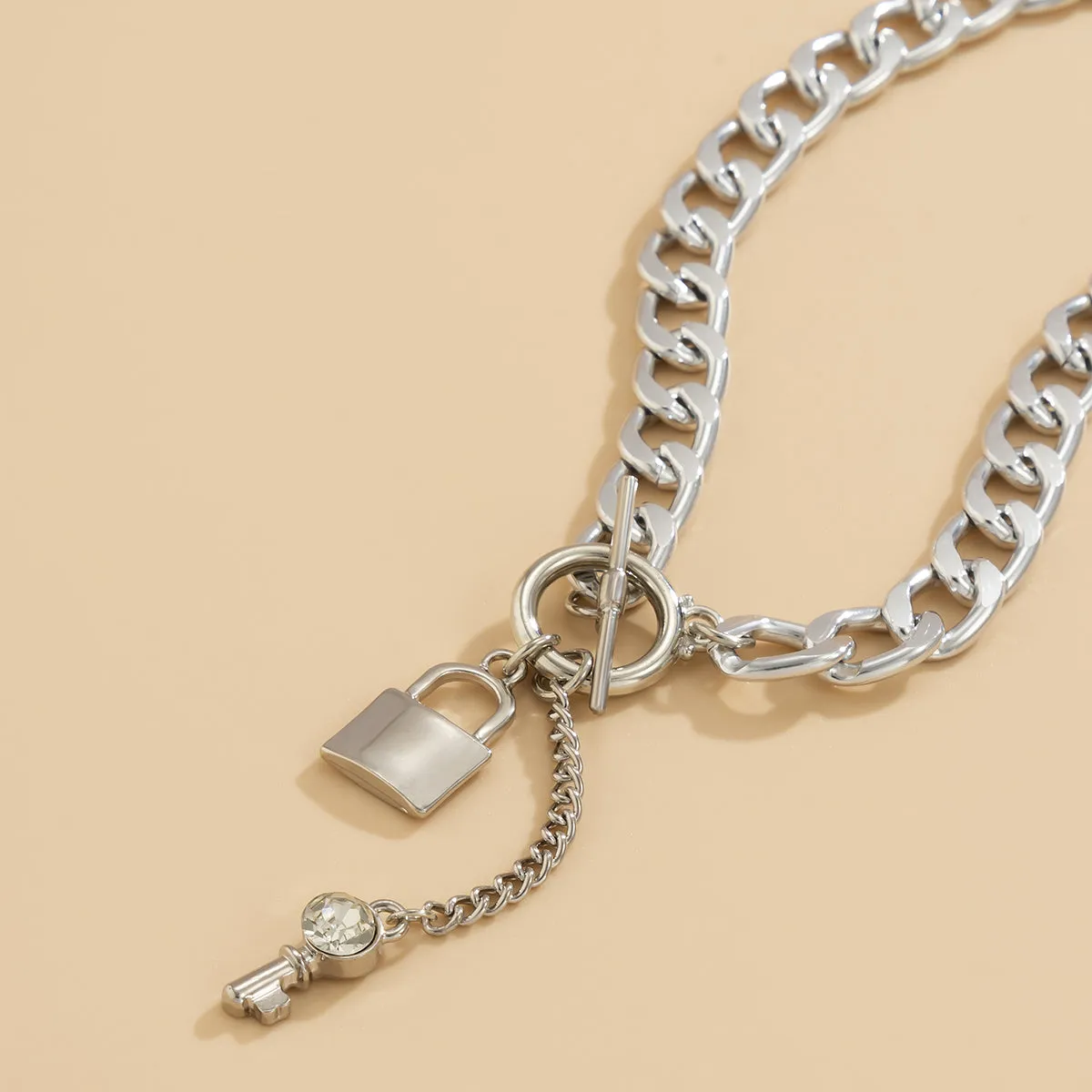 Cubic Zirconia & Silver-Plated Lock Chain Necklace