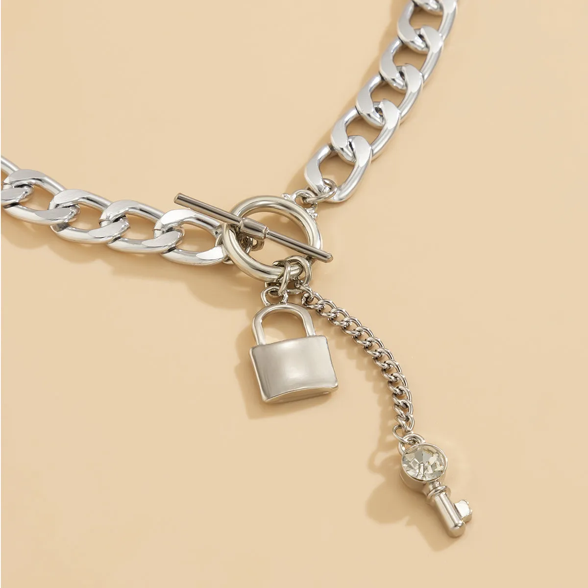 Cubic Zirconia & Silver-Plated Lock Chain Necklace