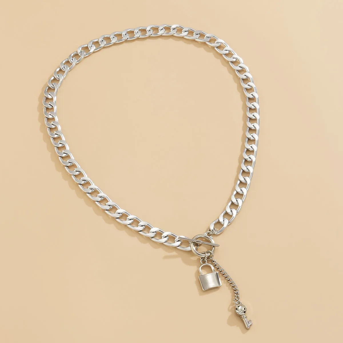 Cubic Zirconia & Silver-Plated Lock Chain Necklace