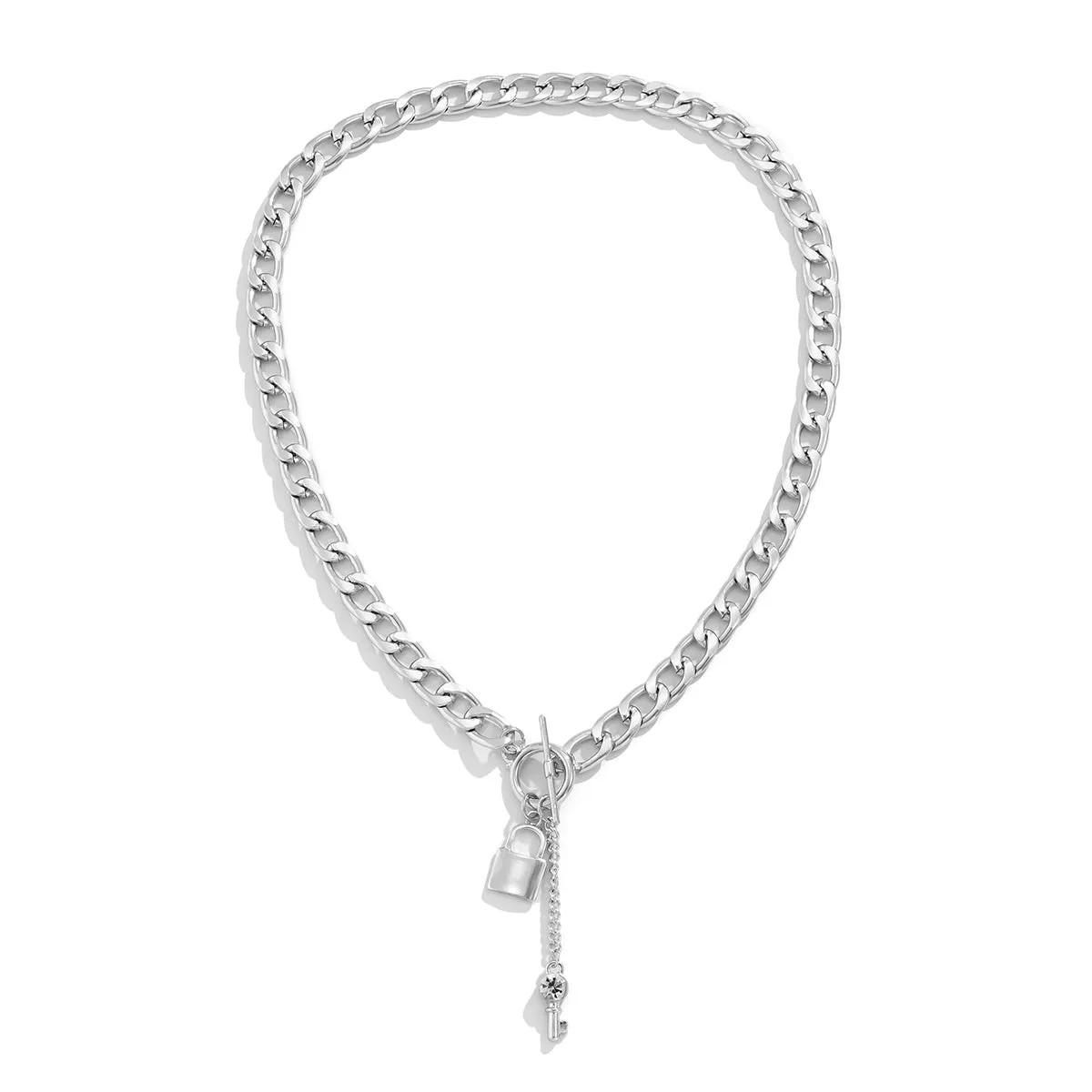 Cubic Zirconia & Silver-Plated Lock Chain Necklace