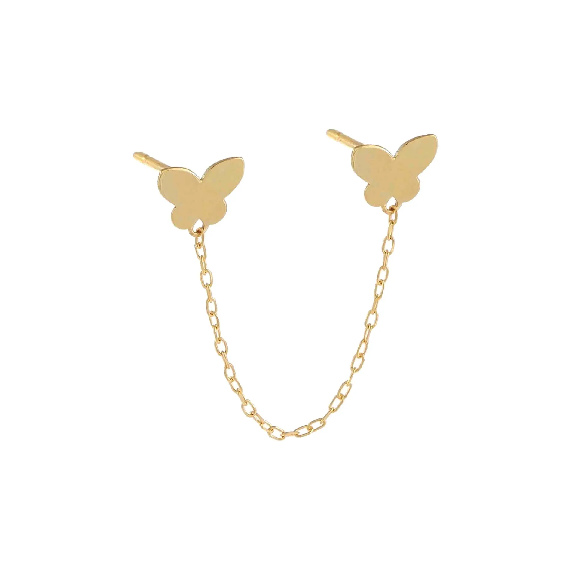 Double Butterfly Chain Stud Earring 14K