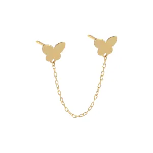 Double Butterfly Chain Stud Earring 14K