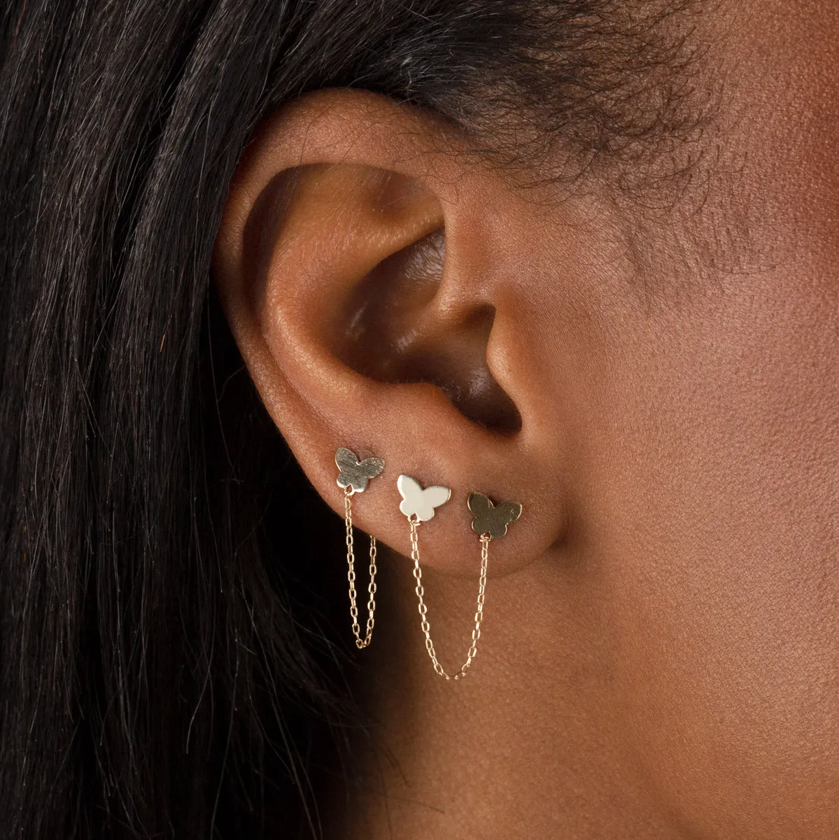Double Butterfly Chain Stud Earring 14K