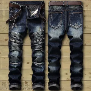 Dropshipping  Biker Jeans Men's Distressed Stretch Ripped Biker Jeans Men Hip Hop Slim Fit Holes Punk Denim Jeans Cotton Pants
