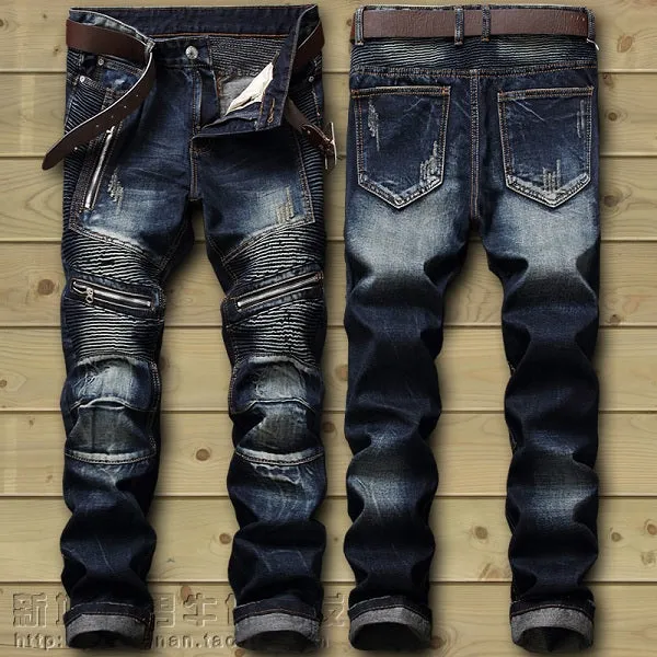 Dropshipping  Biker Jeans Men's Distressed Stretch Ripped Biker Jeans Men Hip Hop Slim Fit Holes Punk Denim Jeans Cotton Pants
