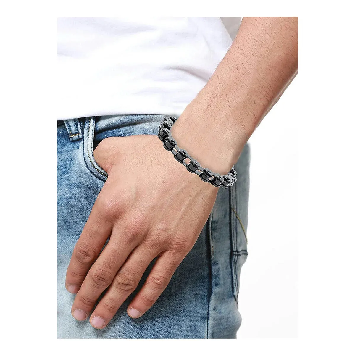 Edgy Biker Motorcycle Chain Black Silver Stainless Steel Men's Bracelet