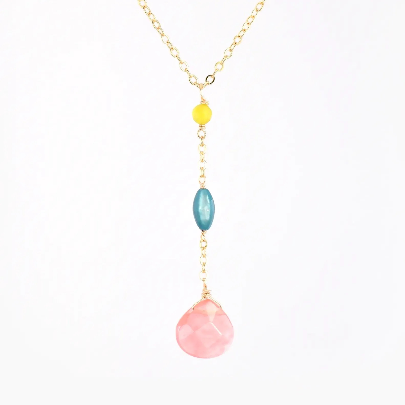 Edgy Petal - Necklace - 'Avalyn' Y-Necklace (Peach Crystal, Lemon Jade, Teal Mother-of-Pearl) #CB-5