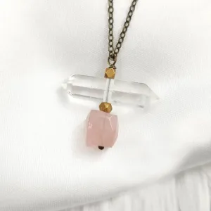 Edgy Petal - Necklace - Rose Quartz and Double Point Clear Quartz #ROSE-20