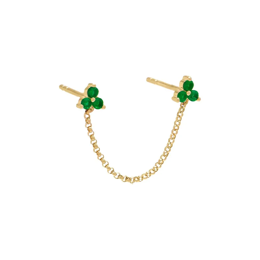 Emerald Green Double Trio Cluster Chain Stud Earring 14K