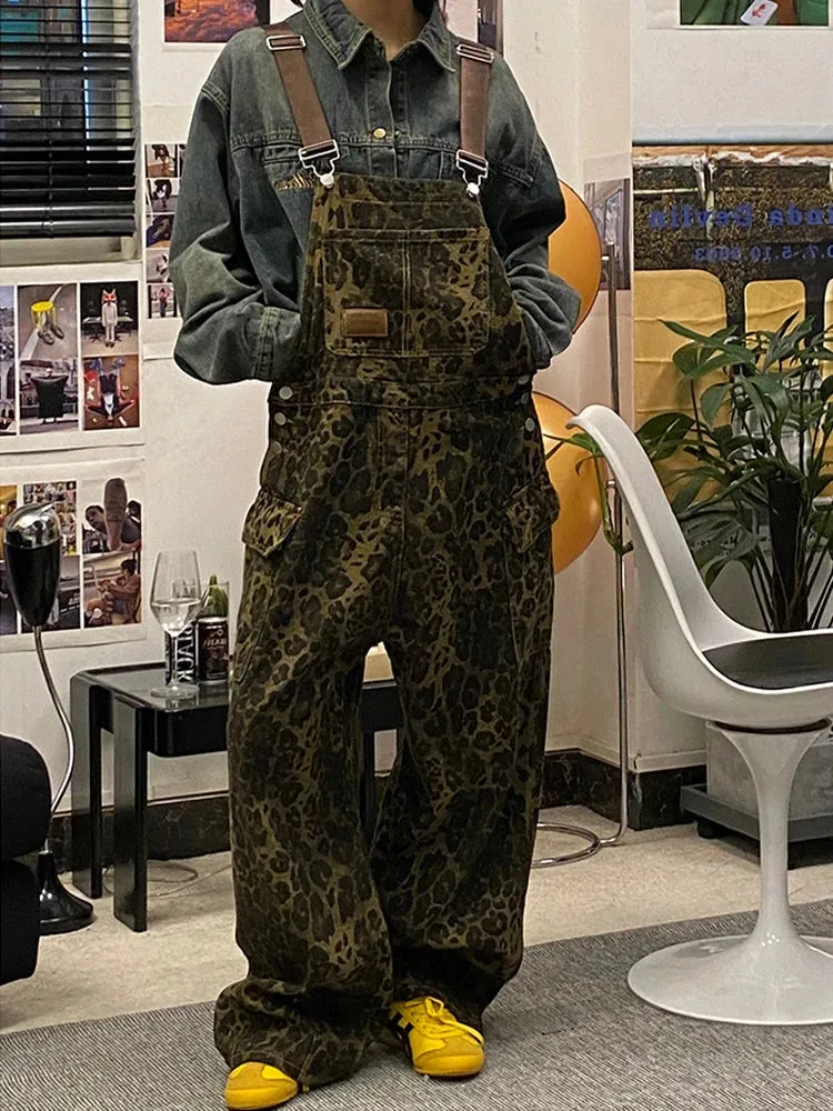 Fashionkova  Cargo Leopard Jumpsuit for Women Streetwear Hip Hop Punk Loose Bodysuits Overalls Female Spring and Autumn Pocket Pants