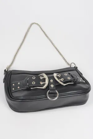 Faux Leather Stud Double Buckles Shoulder Bag