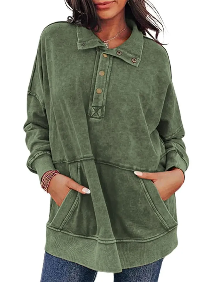 Female Distressed Button Design Hoodies with Pocket