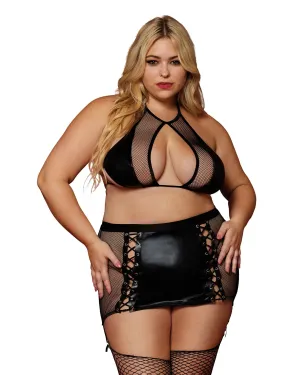 Fetish Faux-Leather & Fishnet Bralette & Garter Skirt Set